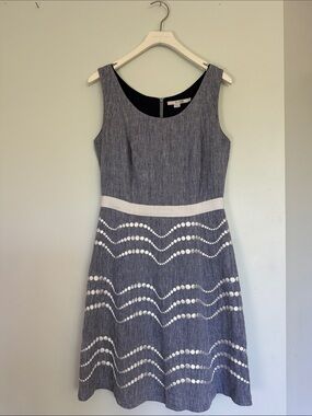 Boden Navy Chambray Mini Dress with White Dot Wave Trim - Size 6